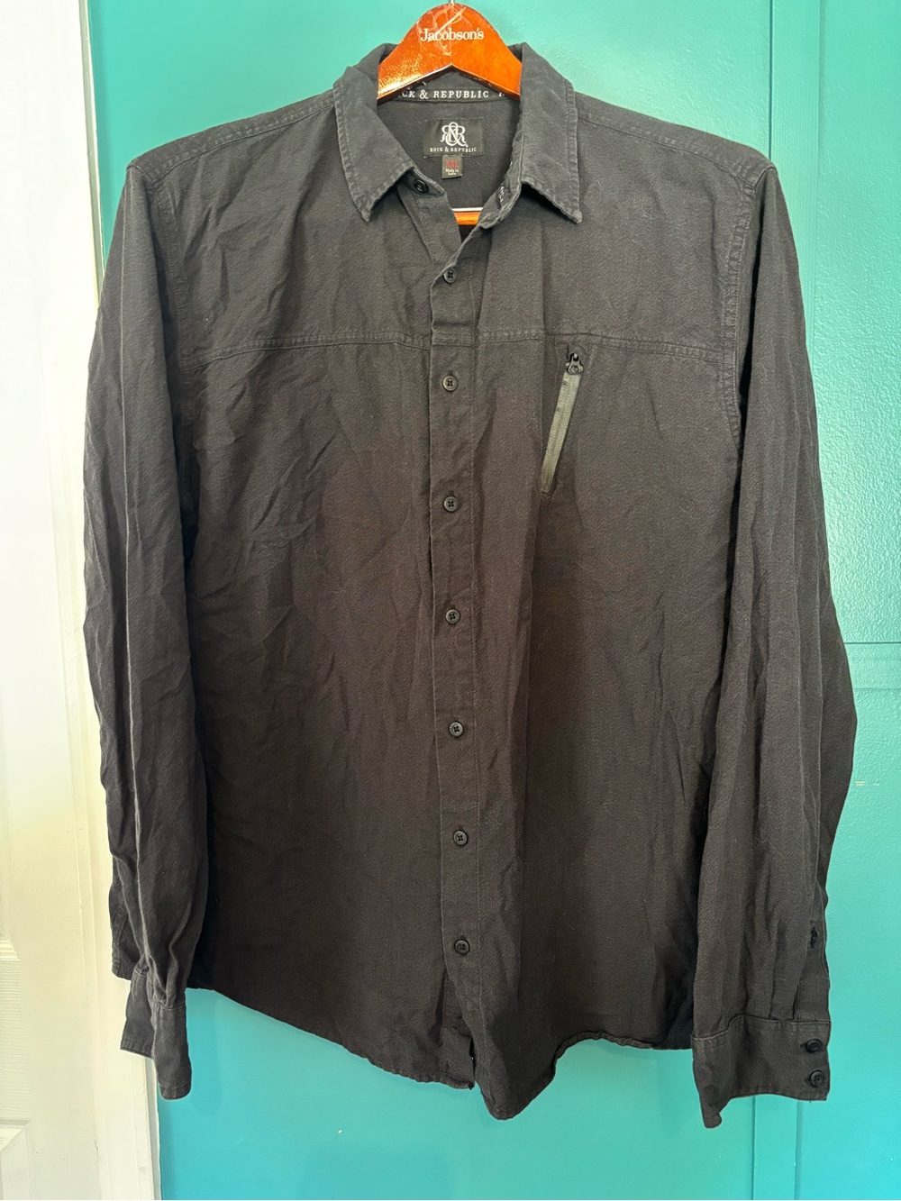 Rock & Republic Black Long-Sleeve Button Down Shirt w/ Zip Chest Pocket Size XXL